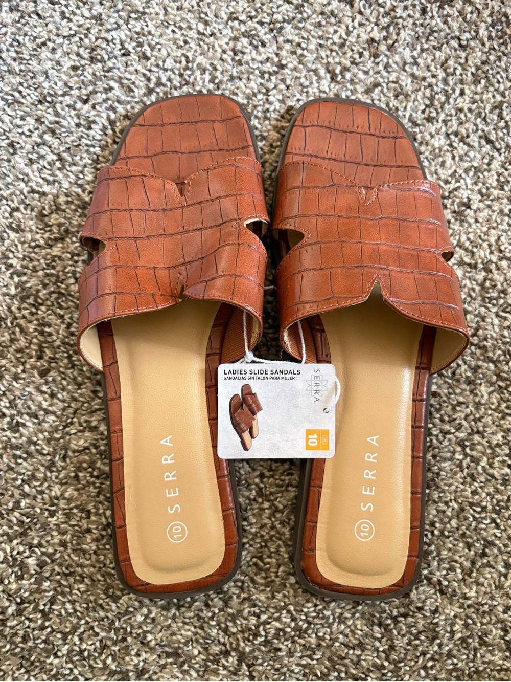 Serra Cognac Croc-Embossed Slide Sandals